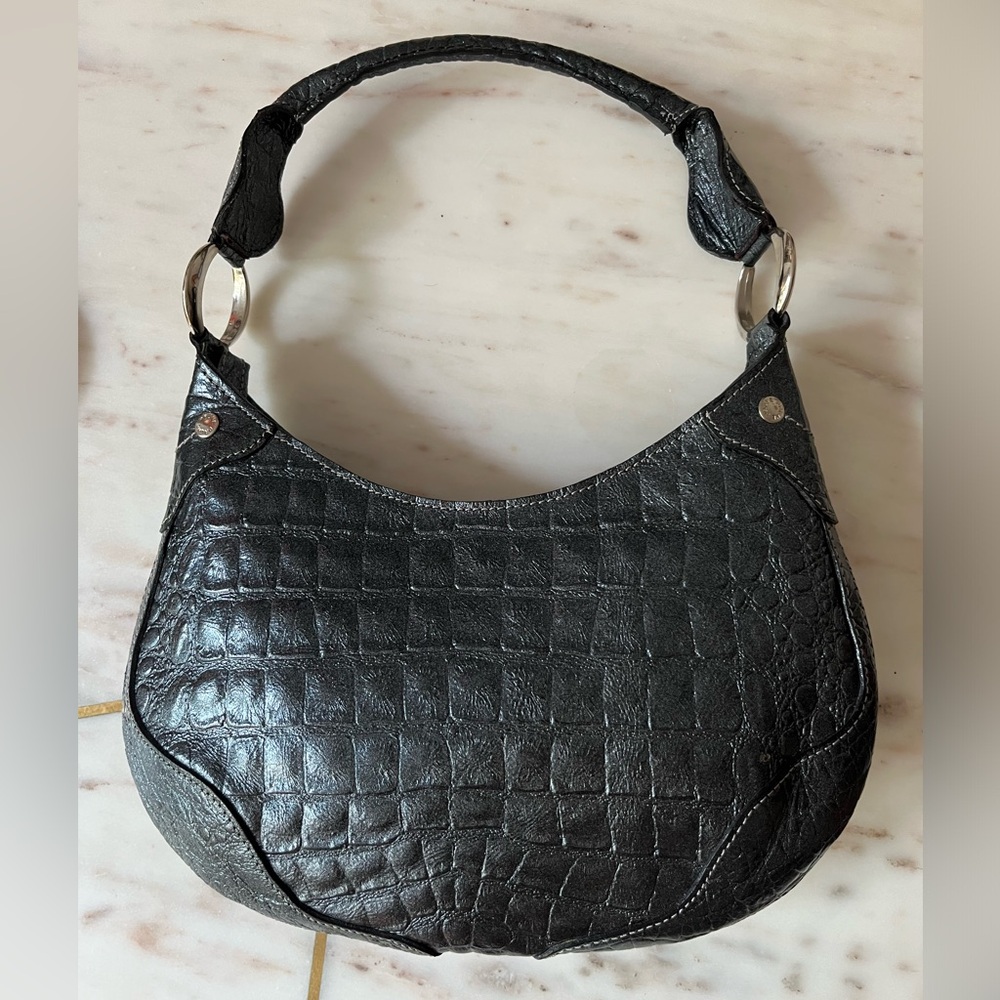 Y2K Prüne handbag leather -metallic blue/gray
